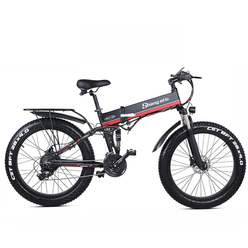 26 Inch Folding Electric Bicycle, 48V 1000W Motor, Mountain Bike Fat Bike, 5-Level Pedal Assist Snow Bike
