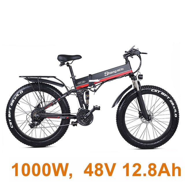 26 Inch Folding Electric Bicycle, 48V 1000W Motor, Mountain Bike Fat Bike, 5-Level Pedal Assist Snow Bike