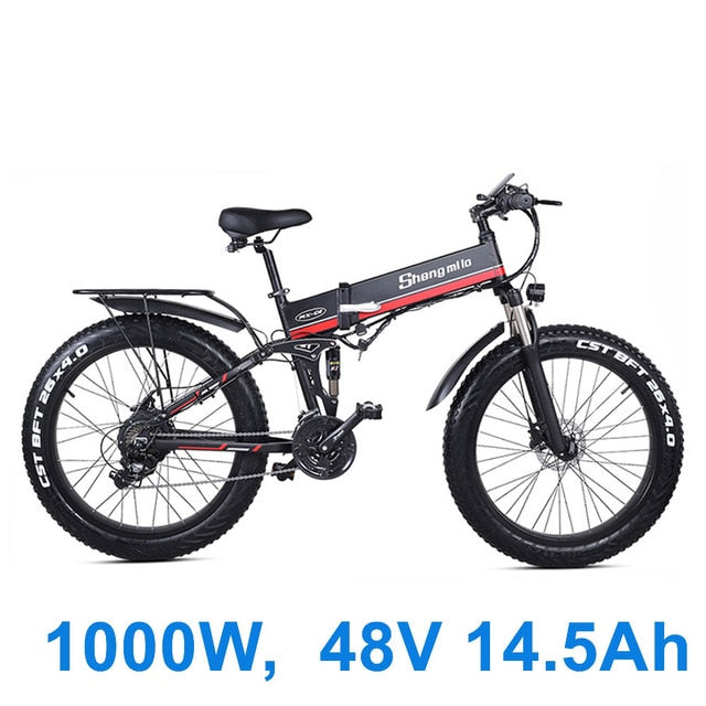 26 Inch Folding Electric Bicycle, 48V 1000W Motor, Mountain Bike Fat Bike, 5-Level Pedal Assist Snow Bike
