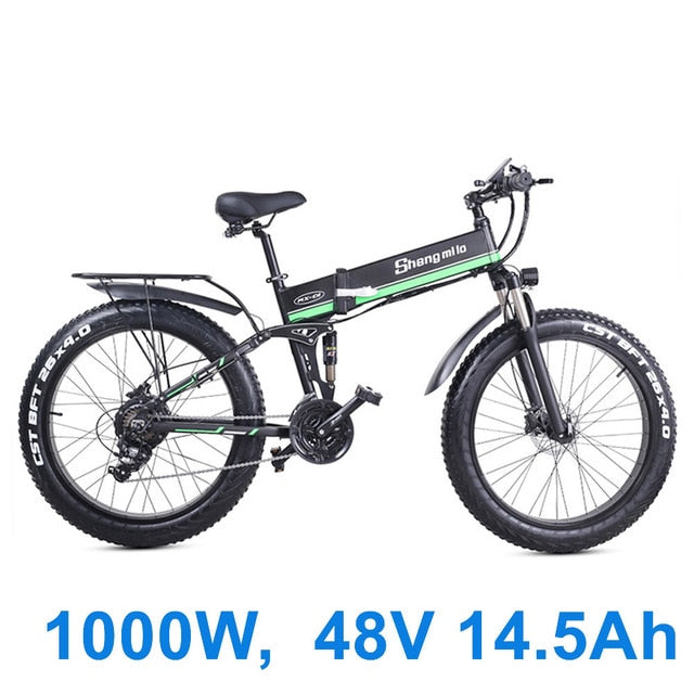 26 Inch Folding Electric Bicycle, 48V 1000W Motor, Mountain Bike Fat Bike, 5-Level Pedal Assist Snow Bike