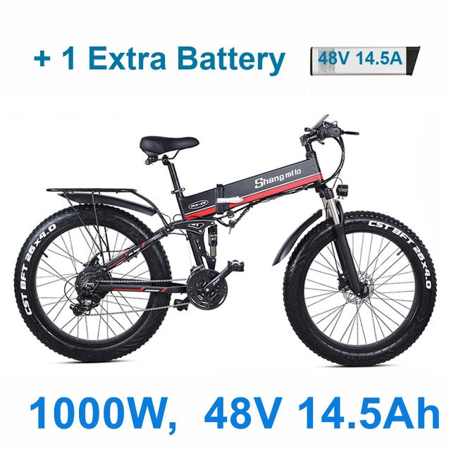 26 Inch Folding Electric Bicycle, 48V 1000W Motor, Mountain Bike Fat Bike, 5-Level Pedal Assist Snow Bike