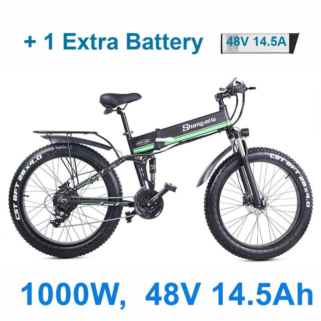26 Inch Folding Electric Bicycle, 48V 1000W Motor, Mountain Bike Fat Bike, 5-Level Pedal Assist Snow Bike